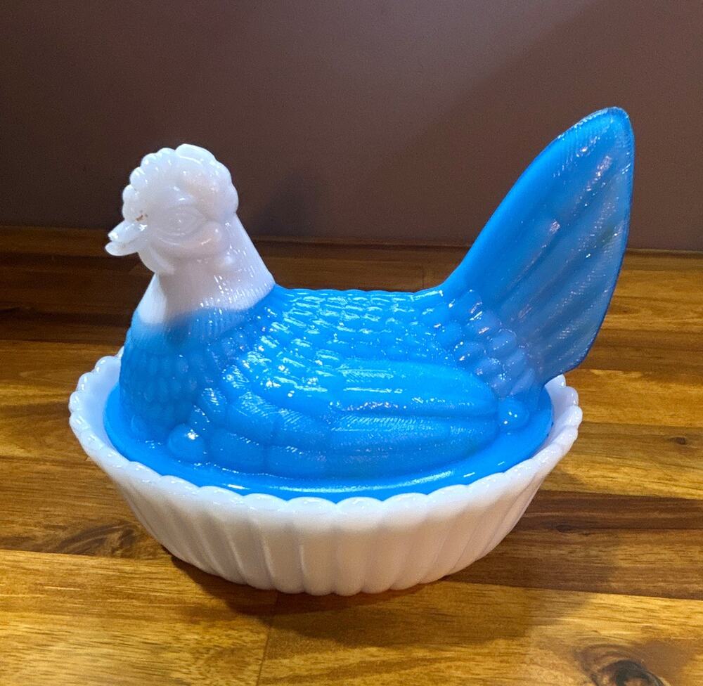 Blue & White Milk Glass Hen on Nest Covered Dish Figurine Vintage